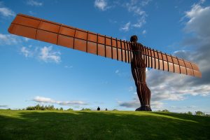 rear view of the angel of the north in gateshead with a rusty corten steel appearance