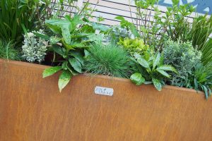 green plants growing inside a corten planter with an oranage patina and a lux unique branded bade of the front