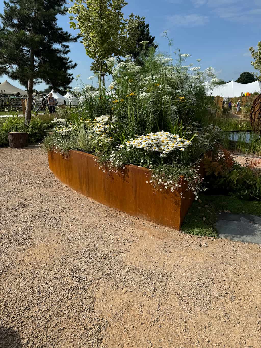Bespoke corten steel planter rhs show garden Large rusty orange corten steel planter with green plants growing inside at a garden show