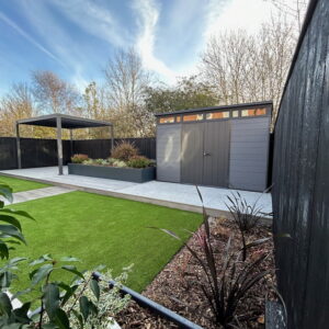 Powder coated trough planter with pergola