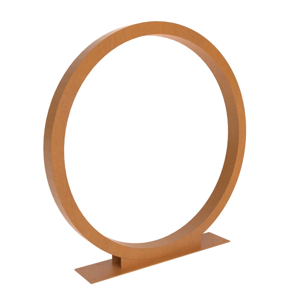 corten steel moongate garden feature on base plate