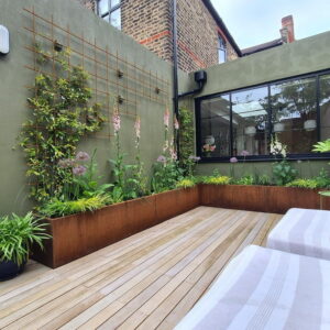 Corten steel trough planter in courtyard 5
