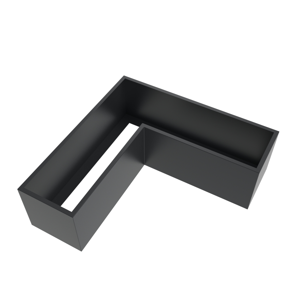 L-shaped metal planter with anthracite grey powder coated finish and open base.