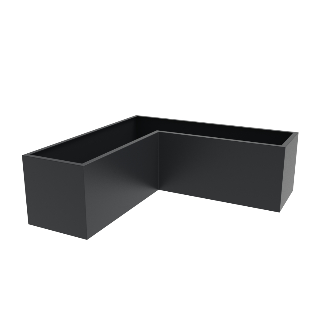 L-shaped corner metal planter with anthracite grey powder coated finish.