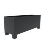 Anthracite grey metal trough planter with large raised feet in each corner.