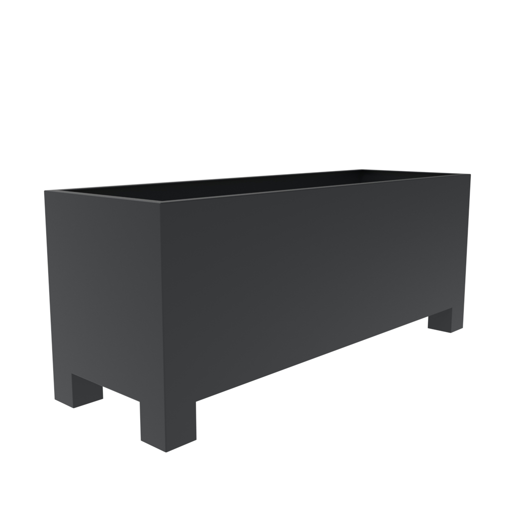 Anthracite grey metal trough planter with large raised feet in each corner.