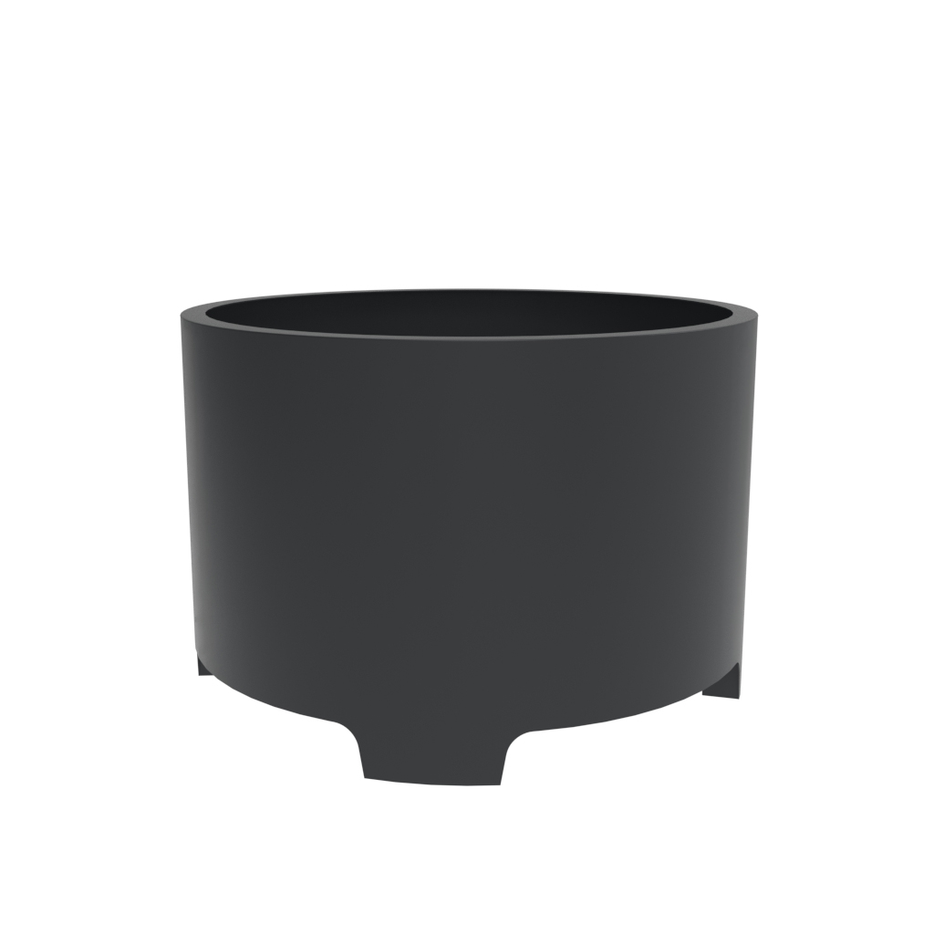 Anthracite grey circular metal planter with raised feet on the base.