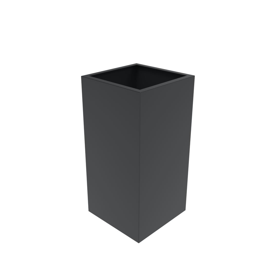 Tall square shaped metal planter with anthracite grey colour.