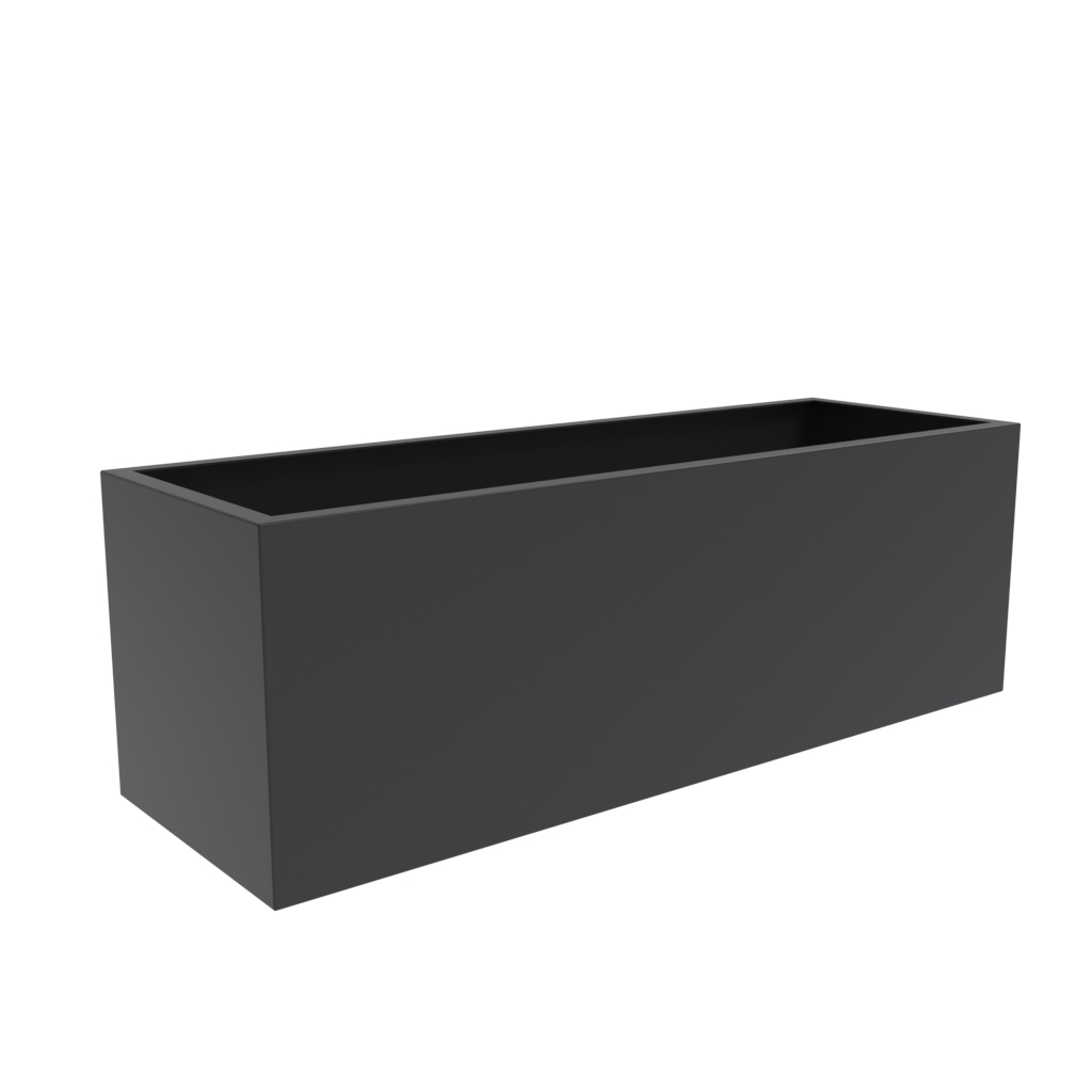 Anthracite grey rectangular metal trough planter with a long, straight-sided design and open top.