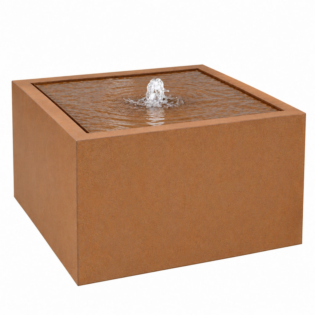 Corten Steel Square Water Table with flowing water fountain in the centre