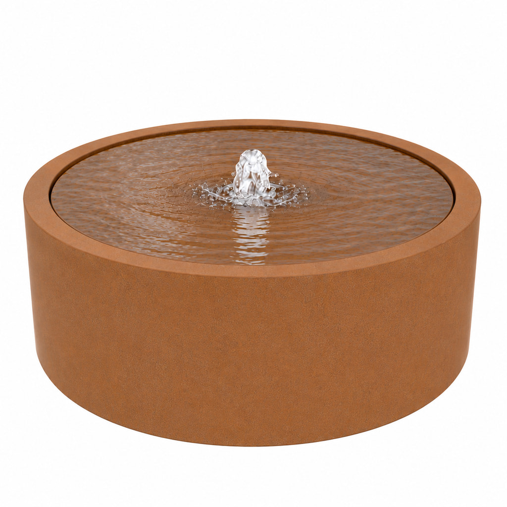 Corten Steel Round Water Table with flowing water fountain in the centre