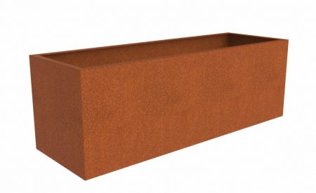 empty corten steel trough planter with a rusty appearance