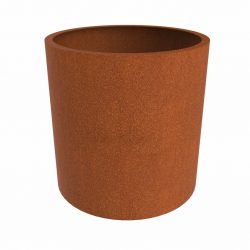 empty corten steel cylinder planter with orange rusty appearance and single toplip